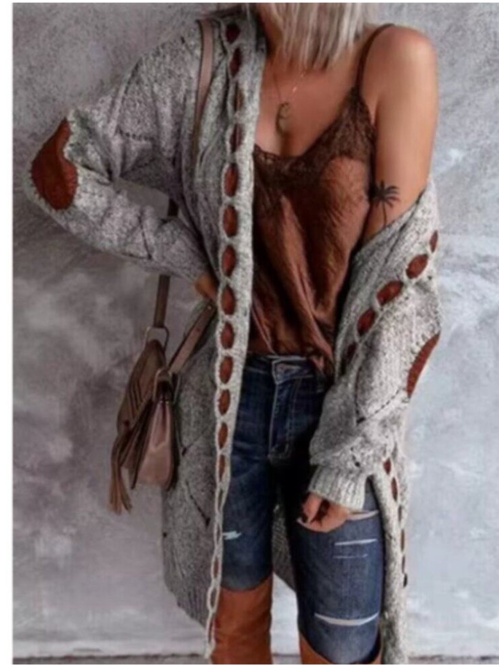 POL Women's Hooded Sweater Drop Oversized Cable Loose Knit Cardigan Tan  Medium